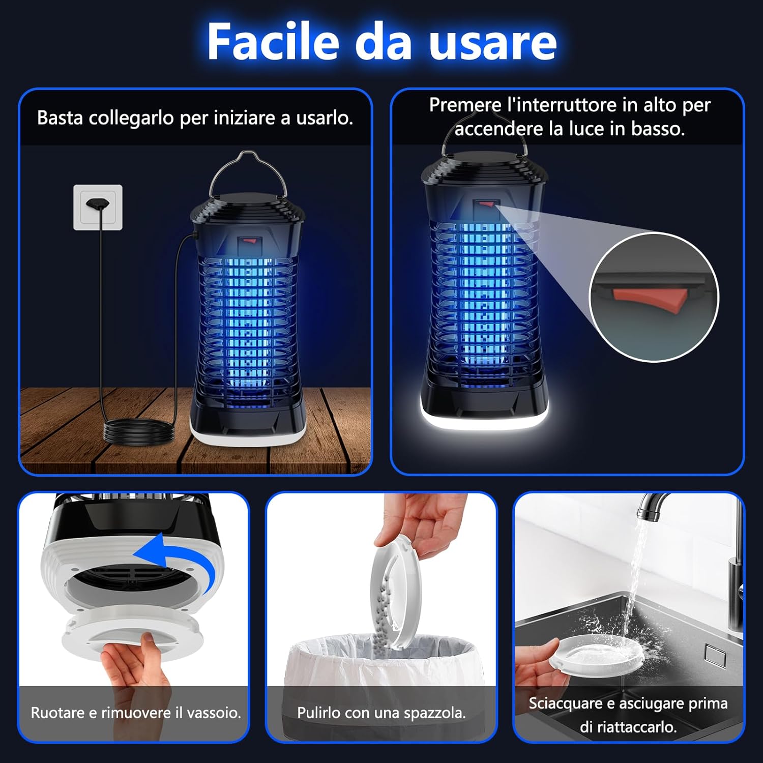 Detalle de Lampada Antizanzare Elettrica 4200V 15W con Luce LED e Griglia ad Alta Tensione – Copertura fino a 150 m², IPX4