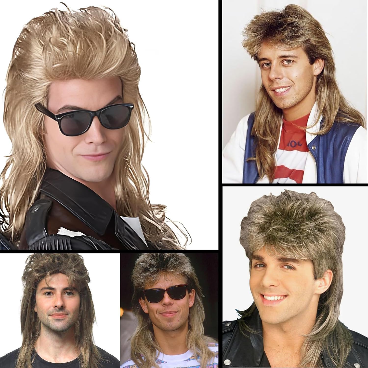 Detalle de Sabosi Blonde 80s Mullet Wig for Men, Long Synthetic Hair, Adjustable Cap