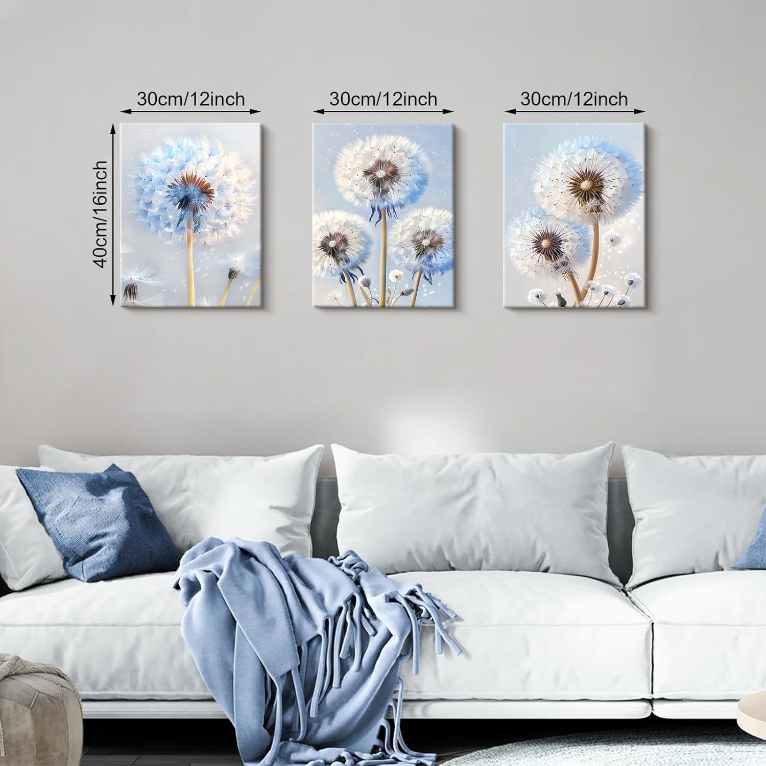 Thumbnail 1 de 3-panel Blue & White Dandelion Canvas Wall Art (30x40cm x 3) – Minimalist Natural Plants Framed Set