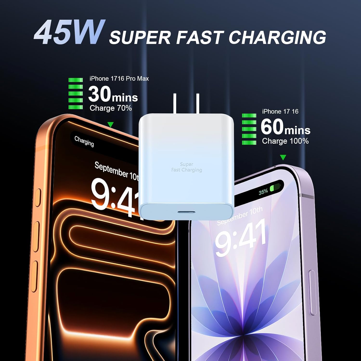 Detalle de Phone 16 Pro Max Charger Fast Charging – 45W USB-C Block + 10ft Cable
