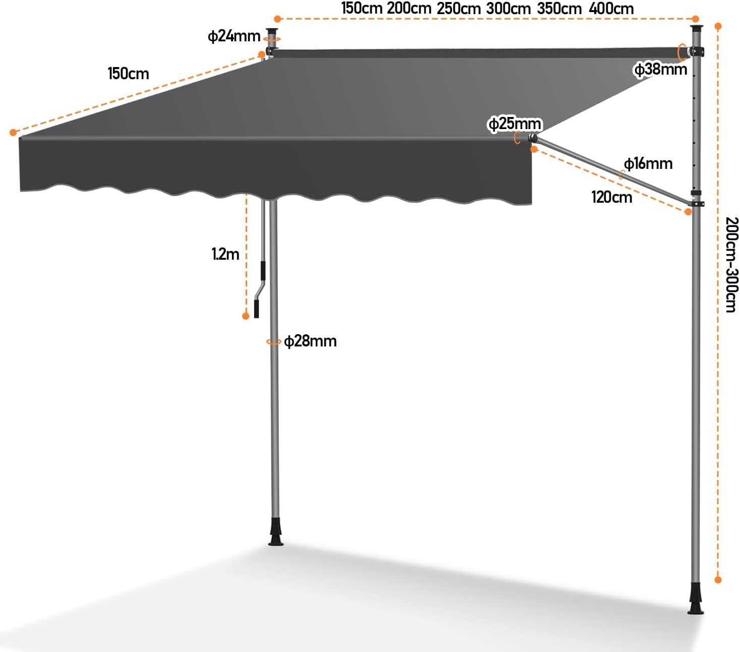 Thumbnail 6 de ISOISL Klemmmarkise 400 cm breit mit Handkurbel – höhenverstellbar, UV-beständig (Grau)