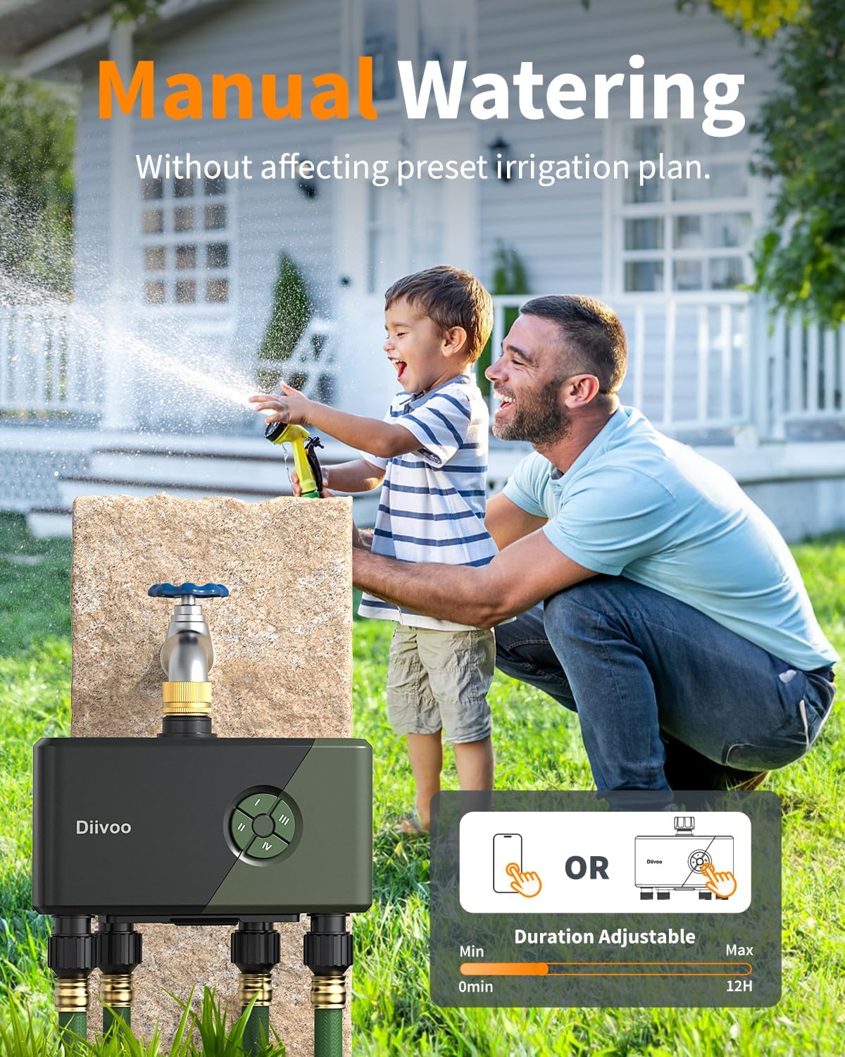 Detalle de Diivoo WiFi Water Timer 4 Outlets with Brass Inlet – Smart Sprinkler Timer for Garden Irrigation