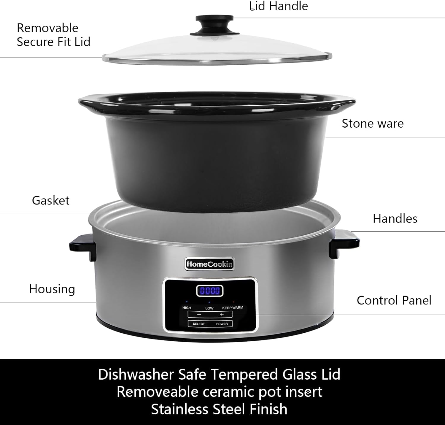 Thumbnail 2 de HOMECOOKIN 7-Quart Programmable Slow Cooker with Keep Warm Setting and Digital Timer