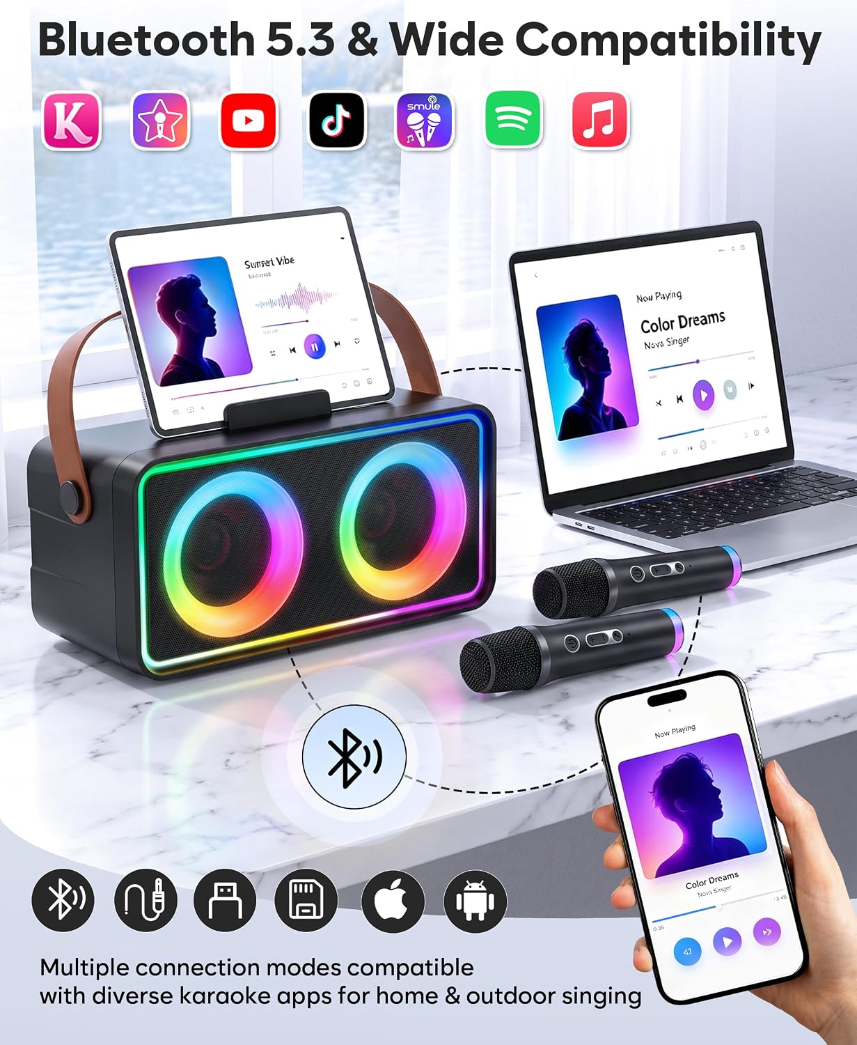 Detalle de ultramic K36 Portable Karaoke Machine with Bluetooth 5.3 and Two Wireless Mics