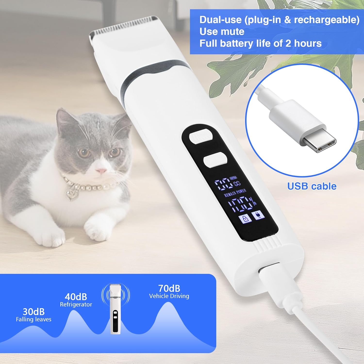 Detalle de BreeyPaws 4 in 1 Cat Clippers Paw Trimmer Grooming Kit: 4 Attachments for Smoother, Quieter Pet Grooming