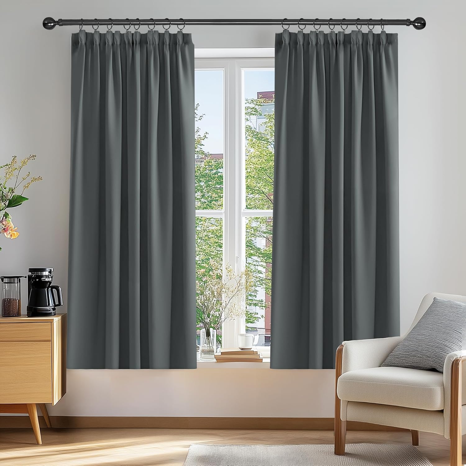 Detalle 1 de Deconovo Super Soft Pencil Pleated Curtains – Dark Grey, 2 Panels (46 x 54), Blackout, Tape Top