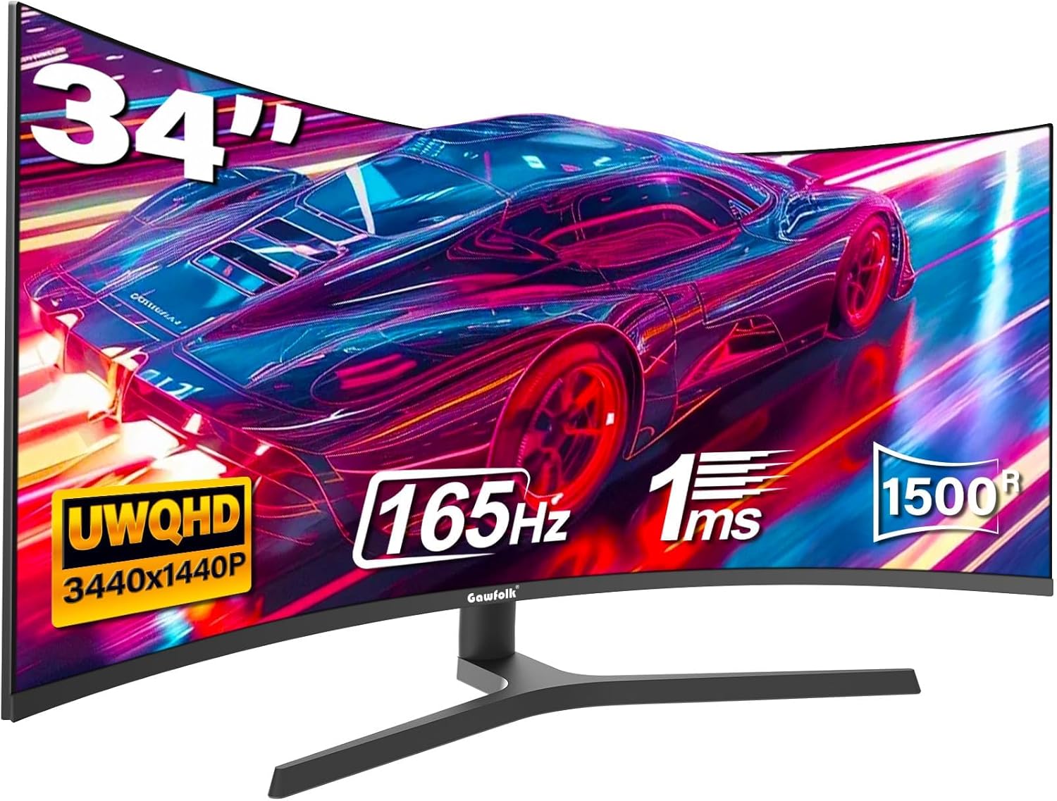 Detalle de Gawfolk 34 Inch Ultrawide Curved Gaming Monitor – 3440x1440, 165Hz, FreeSync, 1500R
