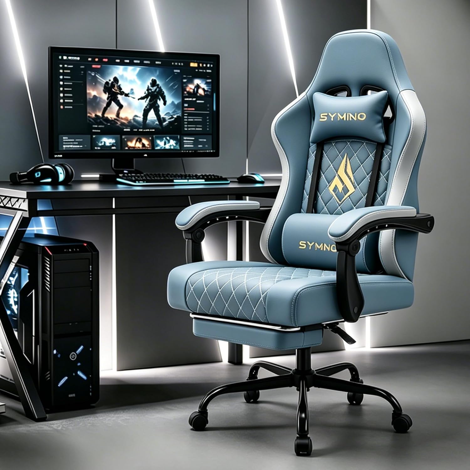 Detalle de Symino FZ001 gamingstoel met lendenkussen, voetensteun en rugleuning tot 155°