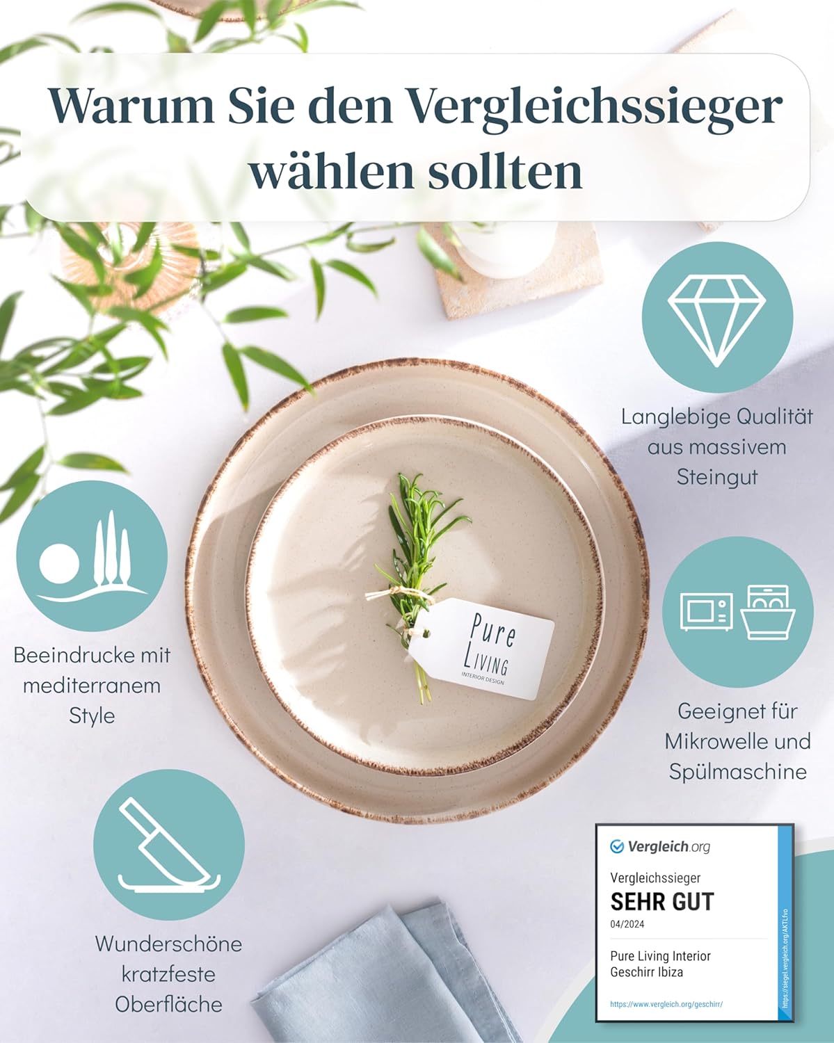 Detalle de Steingut Geschirrset Rustic 24-tlg. für 6 Personen – Pure Living in Beige