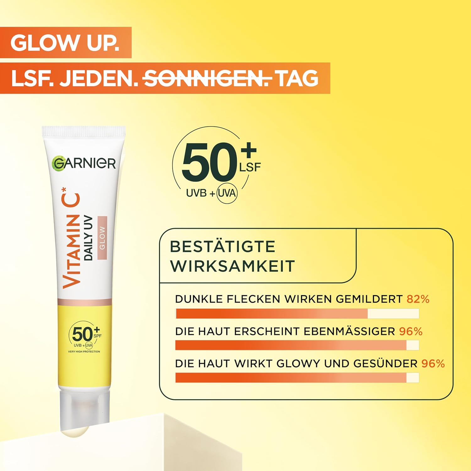 Detalle de Garnier Vitamin C Tägliches Sonnenfluid SPF 50+ – getöntes UV-Schutzfluid mit Glow, 40 ml