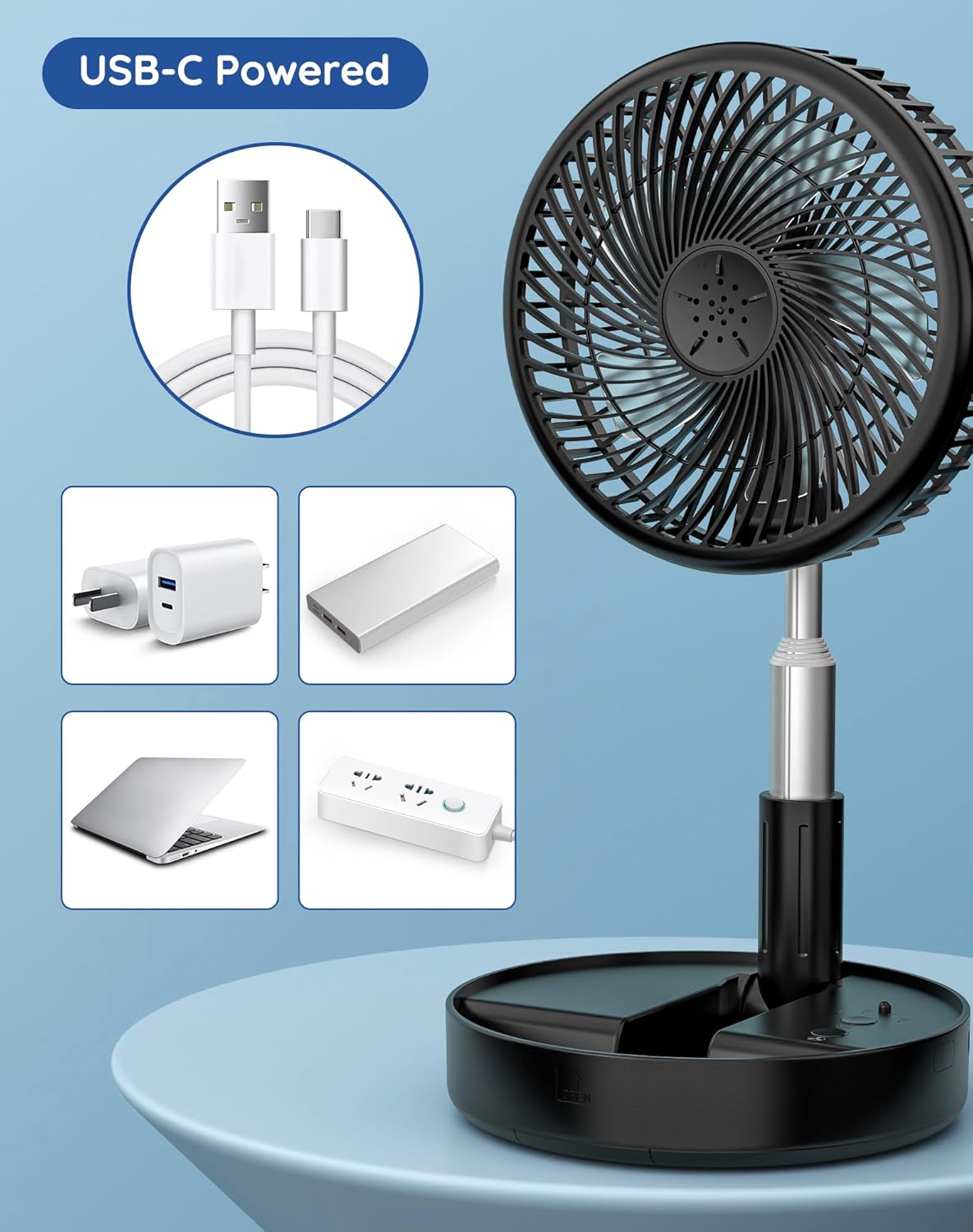 Detalle 2 de Primevolve Battery Operated Portable Fan (USB Rechargeable) with Adjustable Height, 4 Speeds