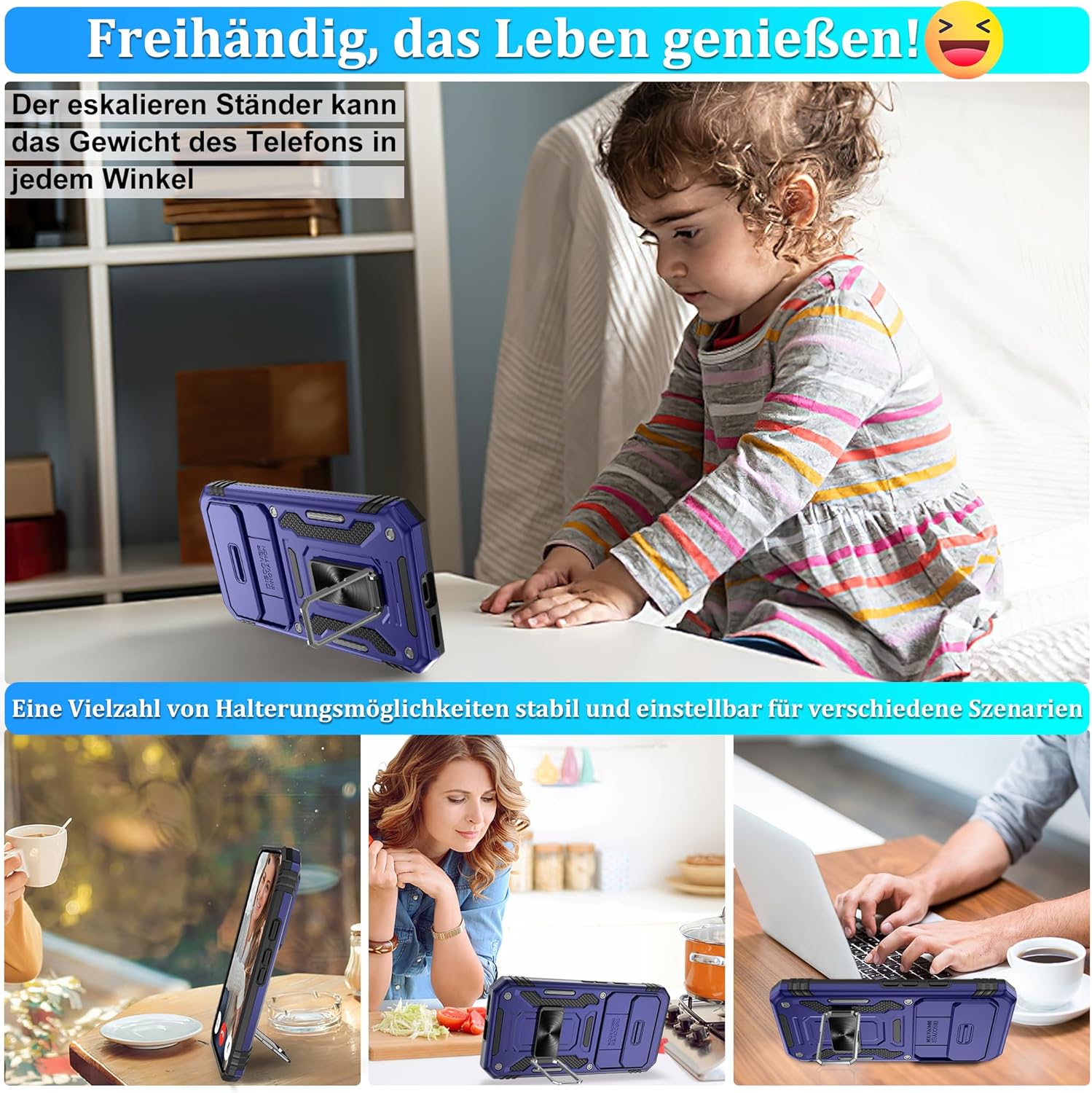 Thumbnail 6 de Jshru Handyhülle für Google Pixel 9a – 360° Ständer, Kamera-Schutz, inkl. 2 Schutzfolien, blau