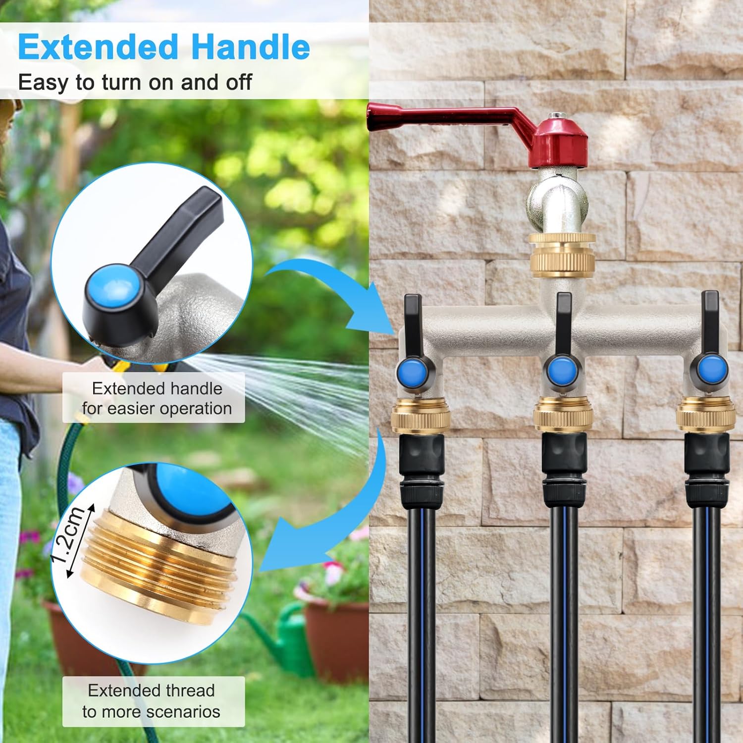 Detalle de Wasserverteiler 4-Wege aus Messing mit Verlängerungsgriff – 3/4-Zoll auf 1/2-Zoll Adapter für Haus & Waschmaschine
