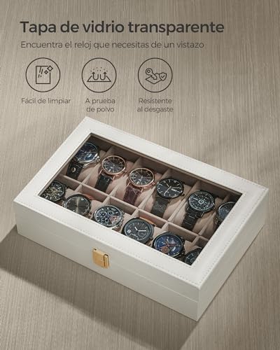 Detalle de SONGMICS JWB120W01: Caja de Relojes con 12 Compartimentos y Tapa de Cristal en Cuero Sintético Blanco Nube