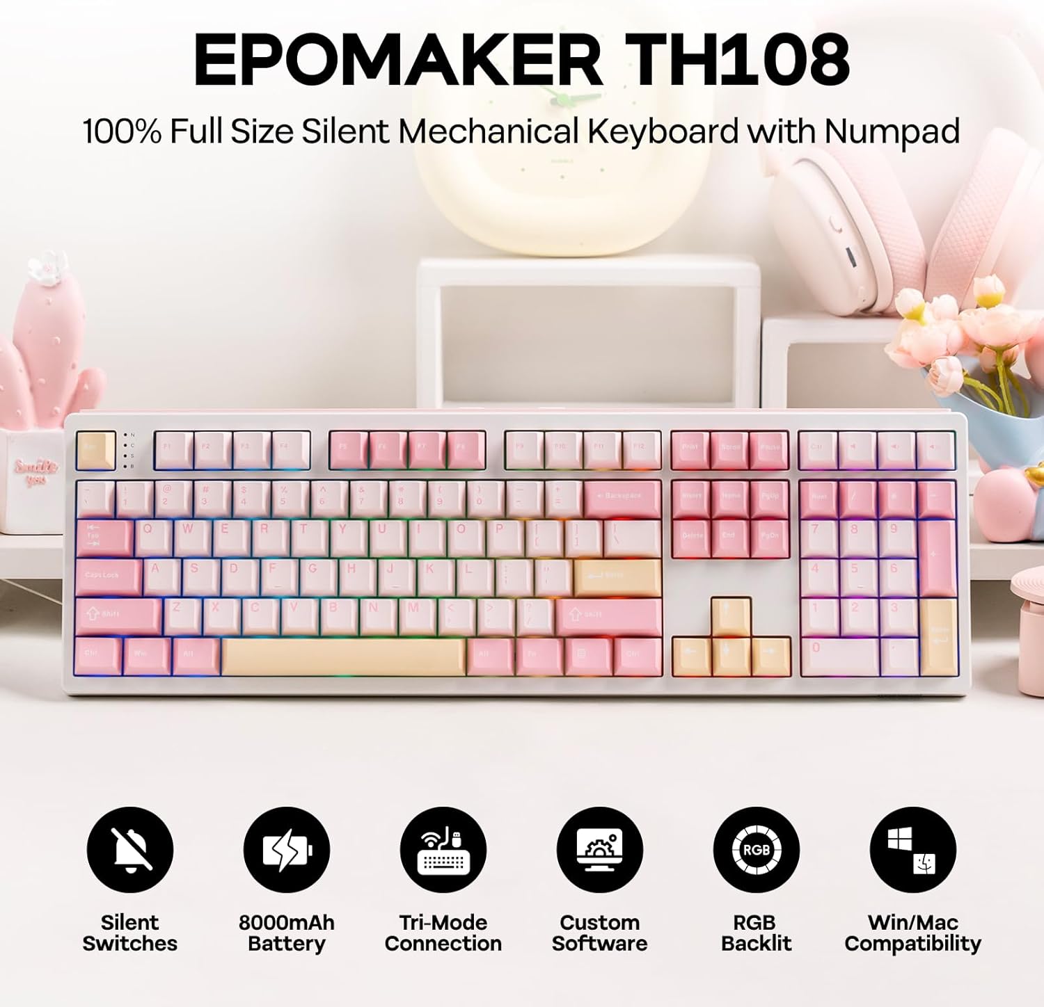 Thumbnail 1 de EPOMAKER TH108 Full Size Mechanical Keyboard (Wireless, Hot-Swap, 108 Keys) with 8000mAh Battery and RGB