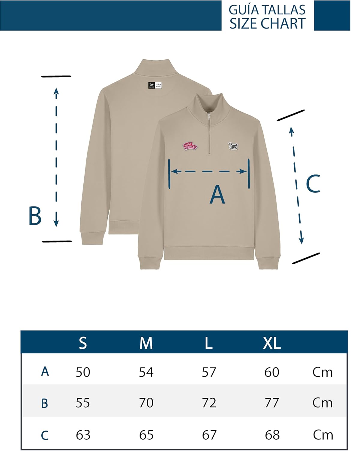 Detalle 2 de Surf Monkey Felpa Uomo Cotone Biologico – Zip 1/4, Regular Fit, Pespunti Rinforzati
