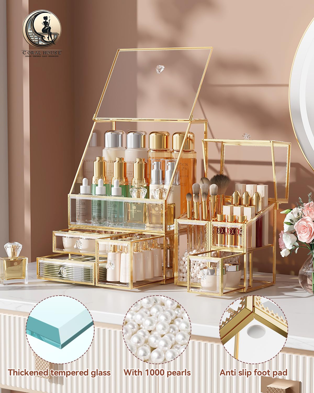 Detalle de CoralHouse 3-Piece Glass Makeup Organizer with Lid — Gold Frame