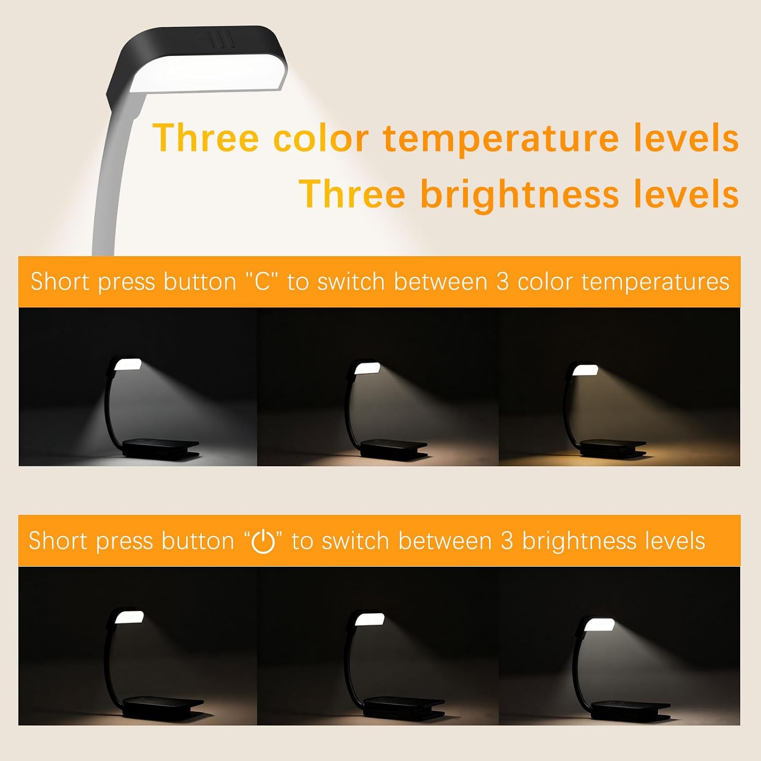 Detalle 2 de AdalyRoma F26 boekenlamp met clip, 9 leds, 3 lichtkleuren en 360° verstelbaar