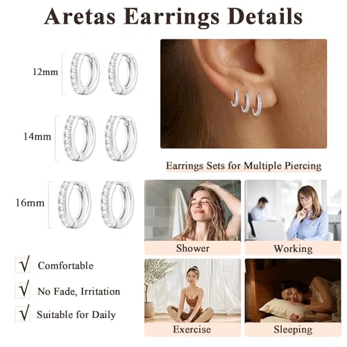 Detalle de Aretas Sterling Silver Hoop Earrings Set – 3 Pairs (12/14/16mm) Hypoallergenic with Cubic Zirconia