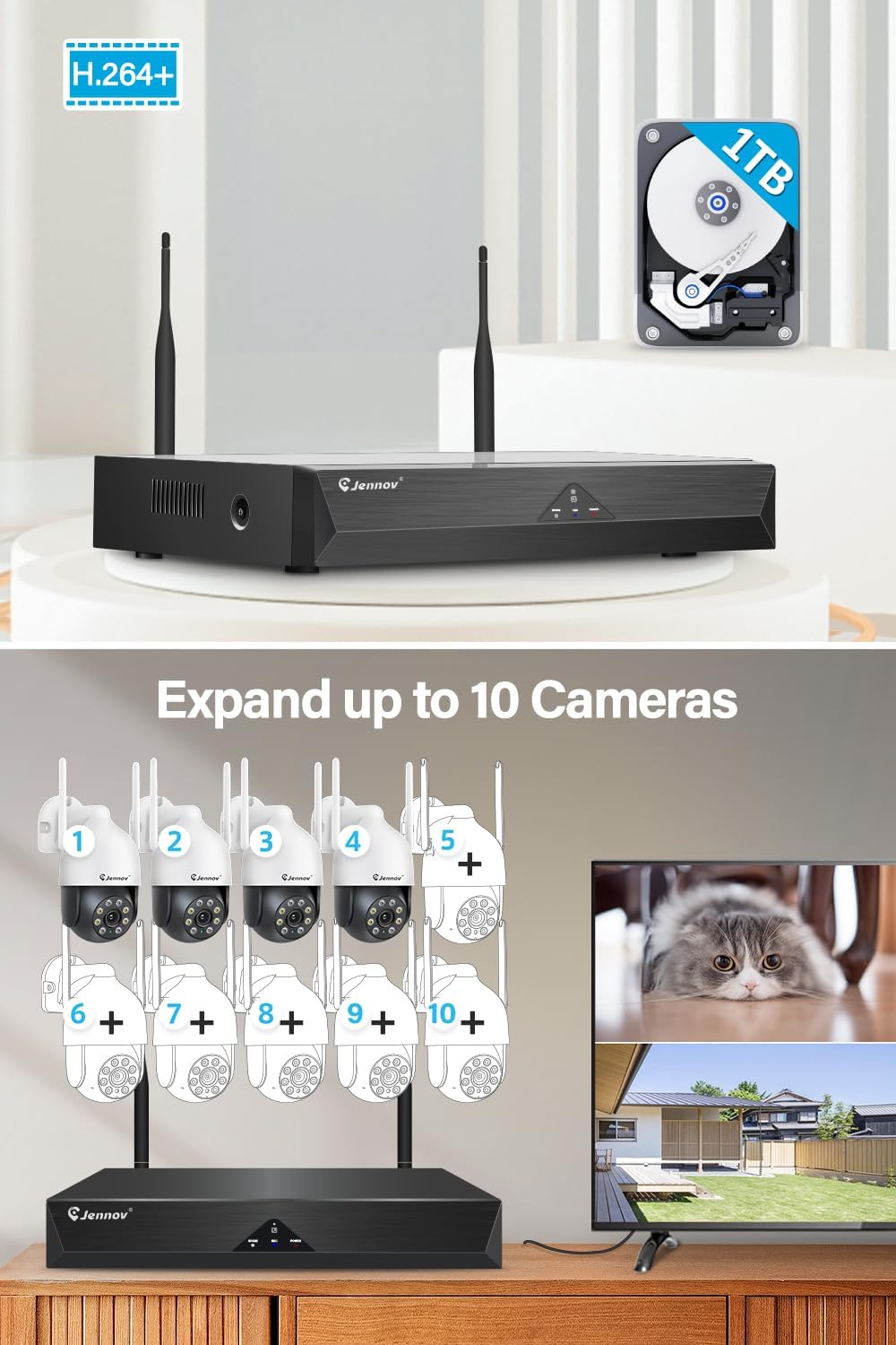 Thumbnail 2 de Kit videosorveglianza WiFi Jennov 5MP+PTZ con NVR 10CH e HDD 1TB (4 telecamere 5MP 360° PTZ)