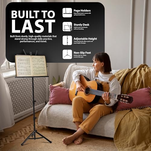 Detalle 2 de ZENO Music Stand: Foldable, Adjustable Sheet Music Stand with Clip Holder and Carry Bag