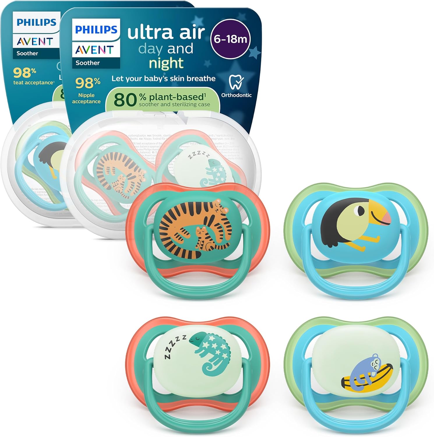Detalle de Philips Avent Ultra Air Day & Night Soothers (6–18m) with Glow-in-the-Dark Cap – 4 Pack