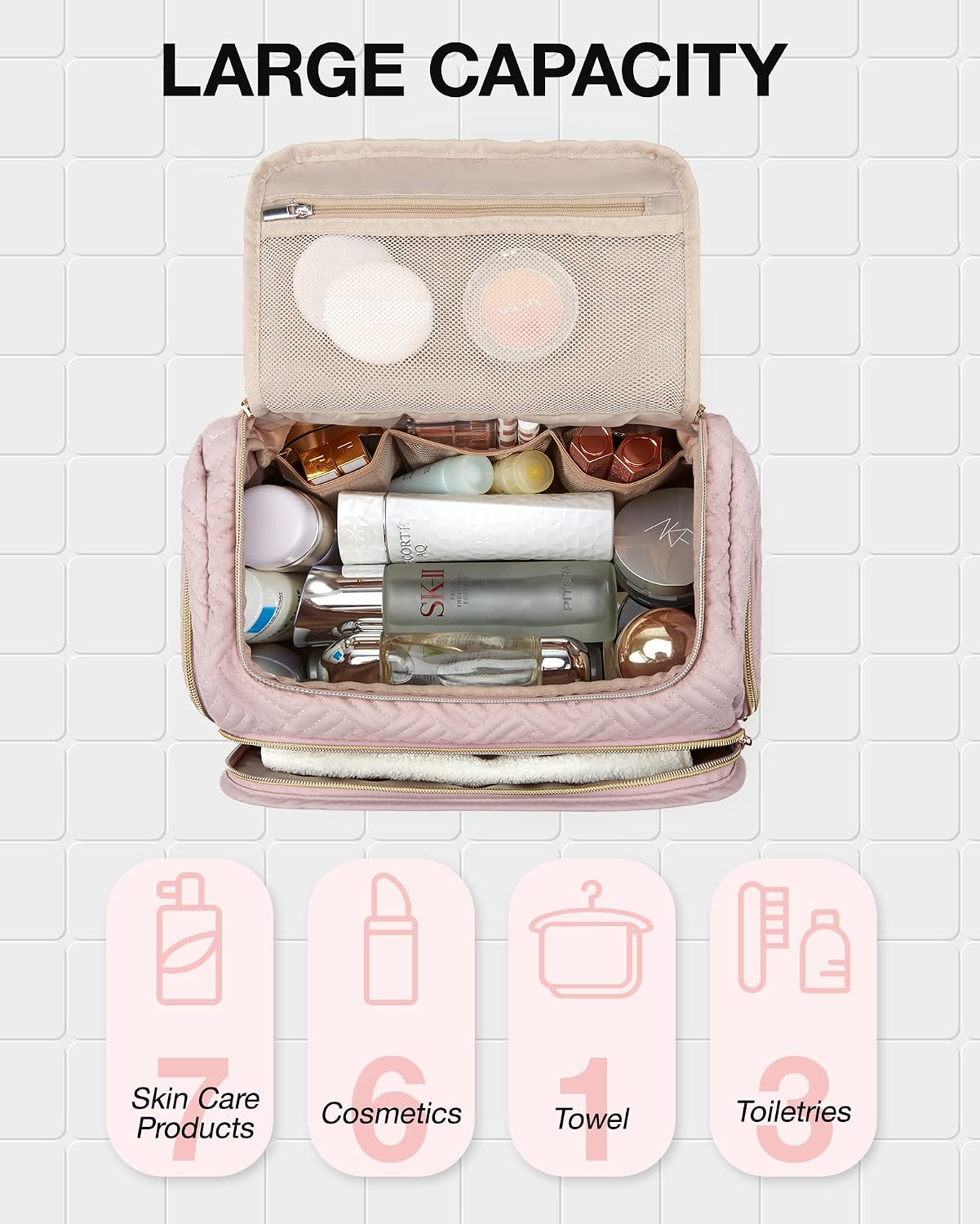 Thumbnail 3 de BAGSMART Borsa da viaggio grande per articoli da toeletta e trucco – Rosa, con manico