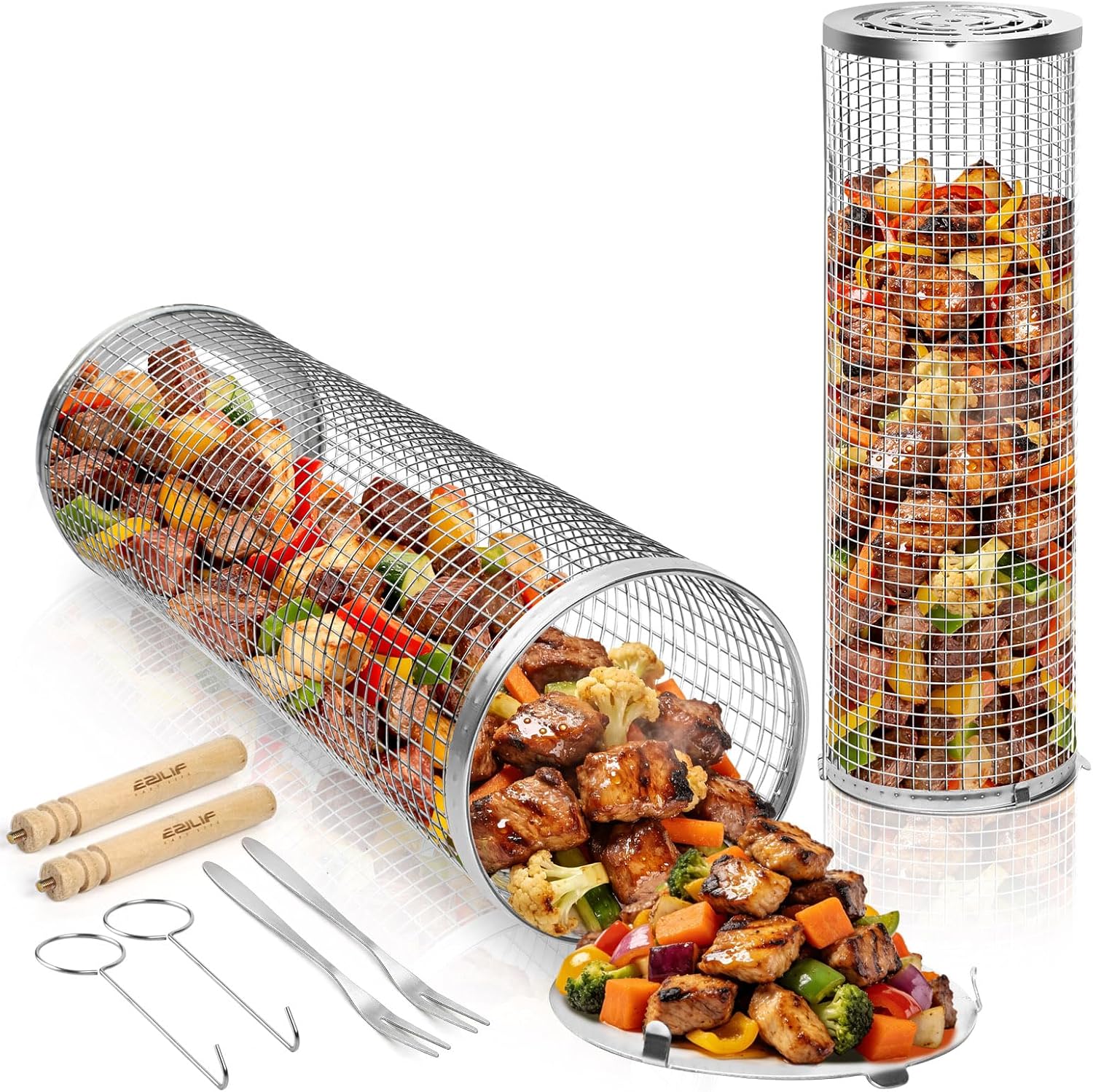 Detalle de Ezilif 2PCS Rolling Grill Baskets – 304 Stainless Steel, with Detachable Wooden Handle and Nesting Net