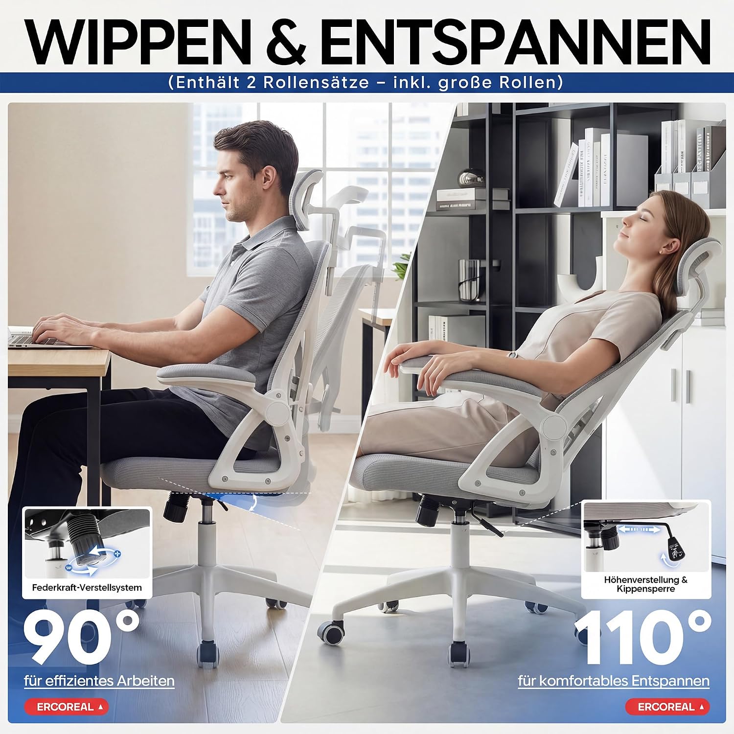 Thumbnail 4 de Ergoreal Ergonomischer Mesh-Bürostuhl Home Office 25W03 – verstellbare Lendenstütze, 2D Kopfstütze, klappbare Armlehnen, leise PU-Rollen, Klasse-3-Gasfeder