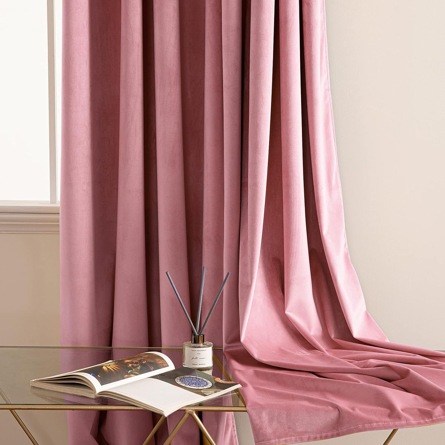 Detalle 2 de Woaboy Velvet Curtains 90 Drop Blush Pink (2 Panels) Thermal Blackout Eyelet Drapes
