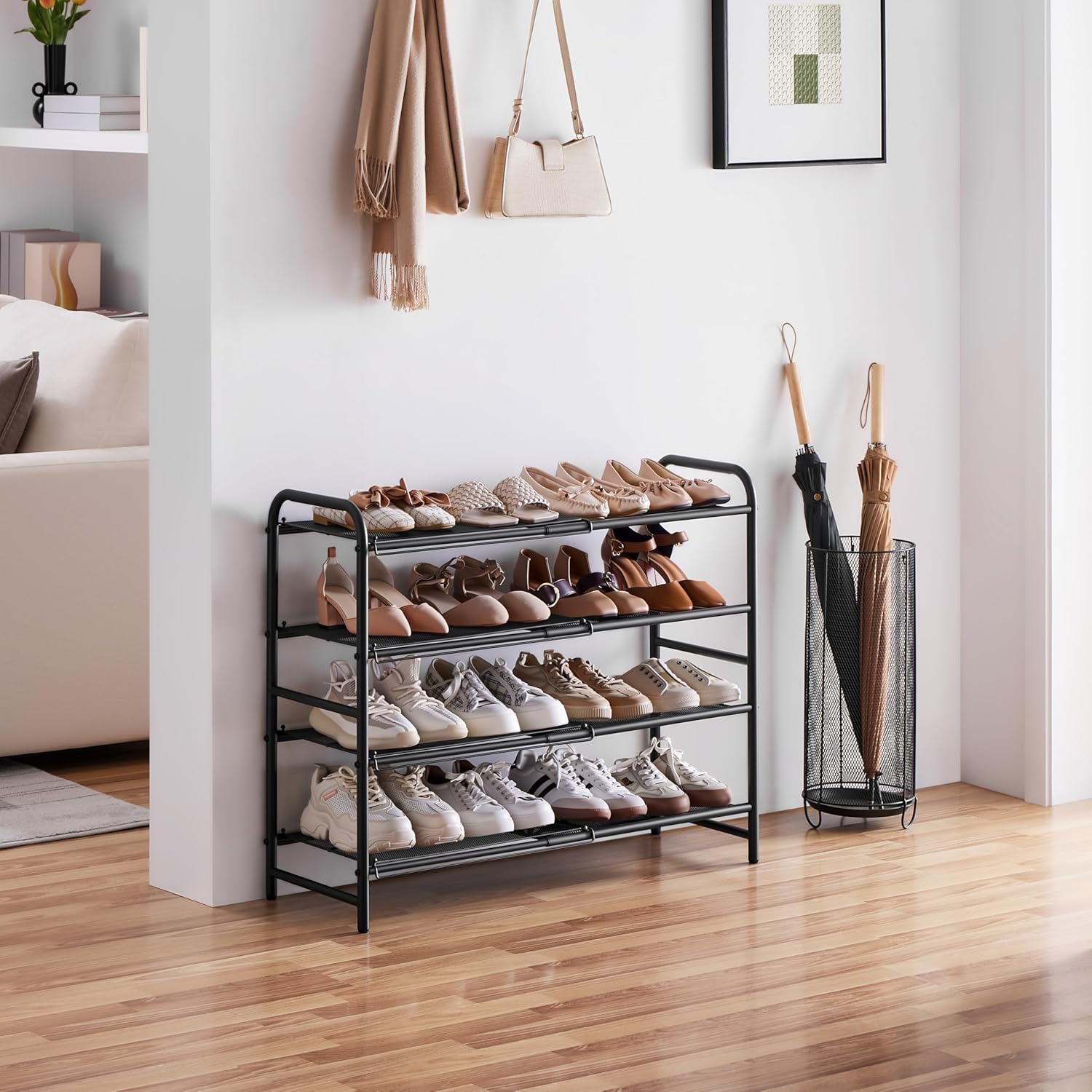 Thumbnail 1 de Yaheetech Étagère à chaussures extensible 4 niveaux (50–84,5 cm) en maille métallique pour 15–20 paires, noire