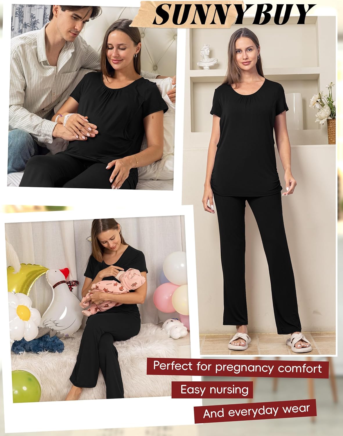 Thumbnail 5 de SUNNYBUY Damen Umstandsmode Stillpyjama-Set – 3-teiliges Stillpyjama-Set mit Kurzarm-Shirt, Shorts und Schlafhose