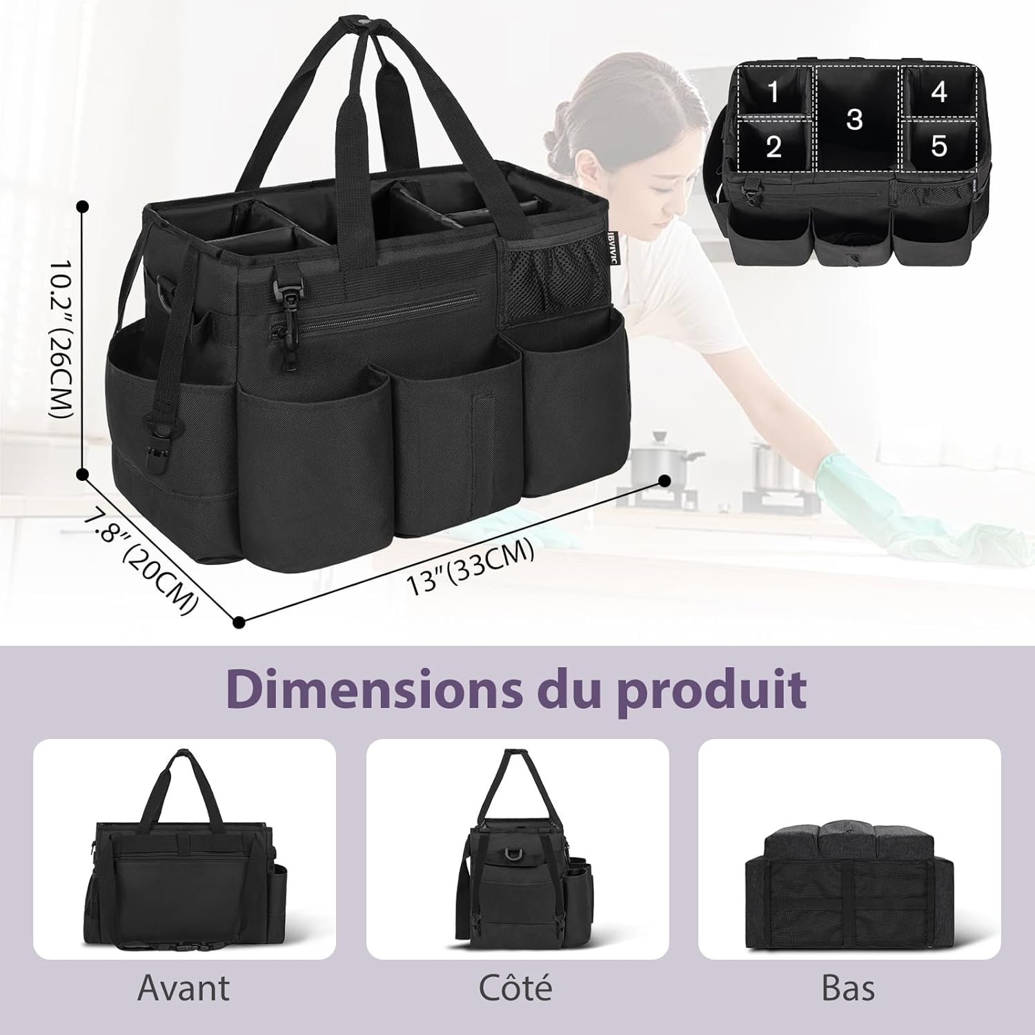 Detalle de OUUTMEE Sac de Nettoyage avec Séparateurs Amovibles – Organisateur Portable 20 x 38 x 26 cm, Noir (Grande)