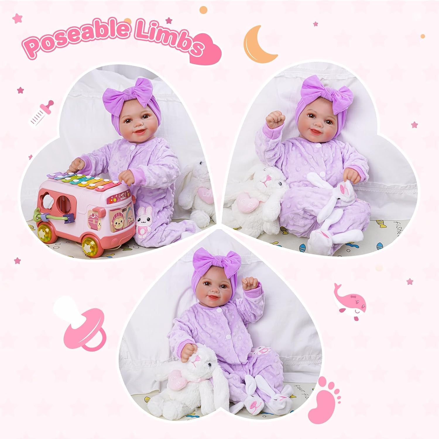 Thumbnail 4 de BABESIDE Rinato Sunny 17" Bambola neonata in stile reborn viola, corpo morbido in tessuto