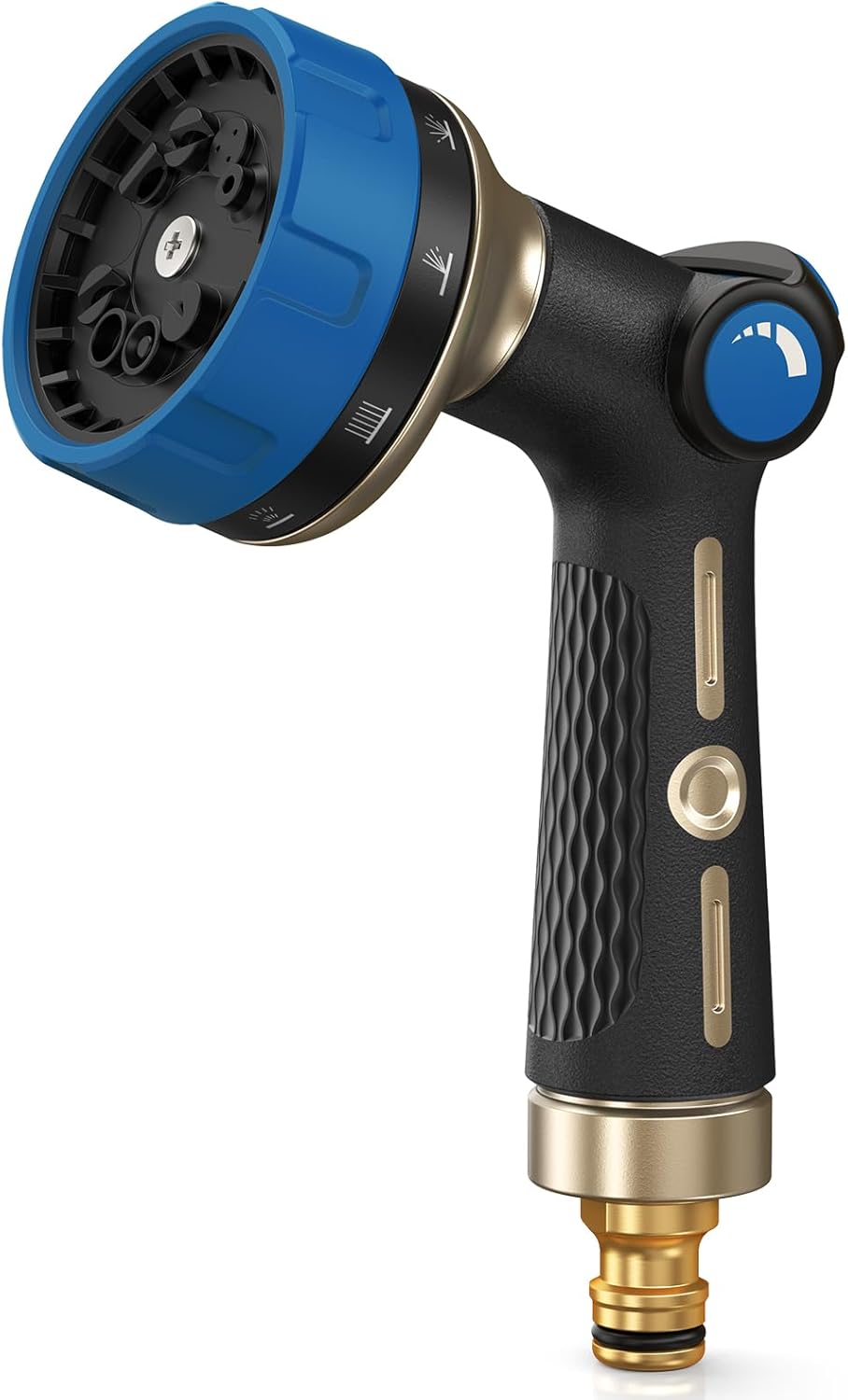 Detalle de RAINPOINT all-metal hose pipe spray gun with thumb flow control and 10 spray patterns (blue)