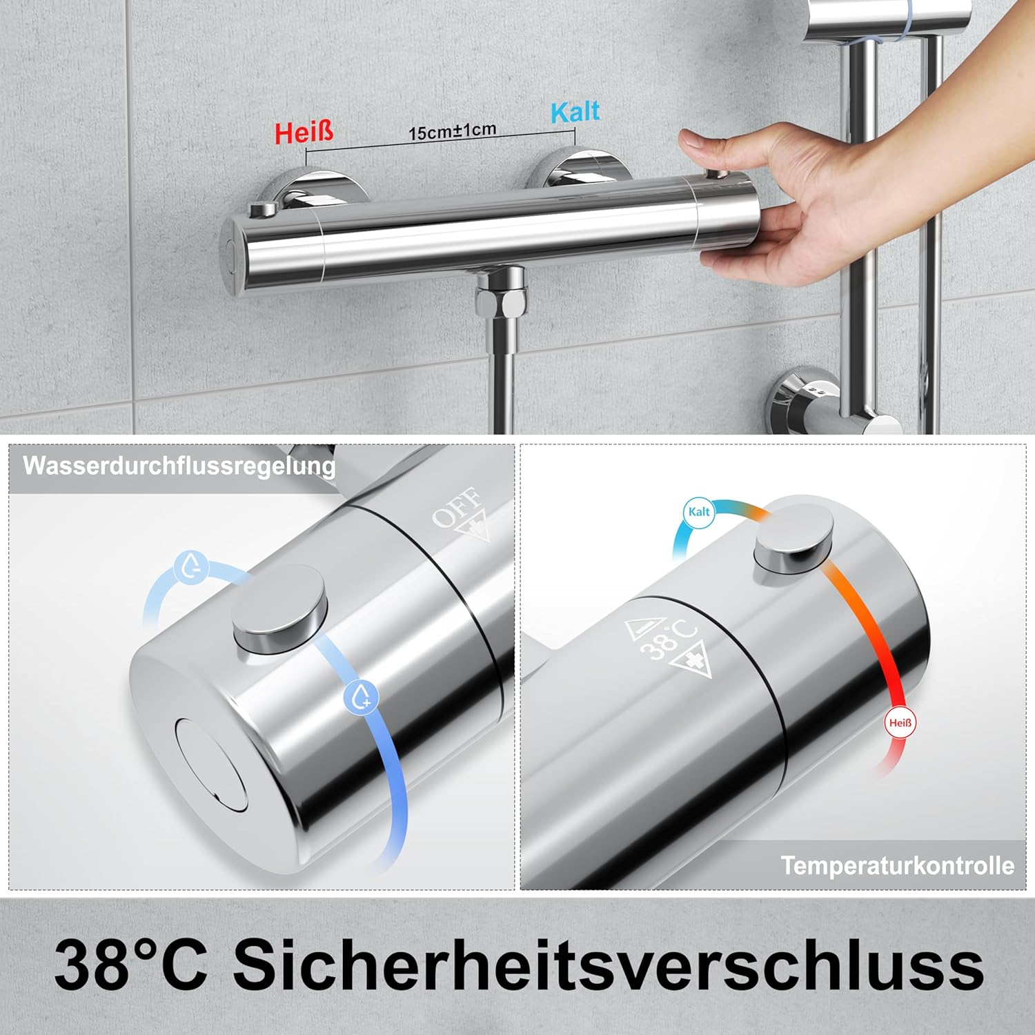 Detalle de Görbach Colonna Doccia con Miscelatore Termostatico: set completo in acciaio inox con doccetta, tubo 150 cm e asta 70 cm