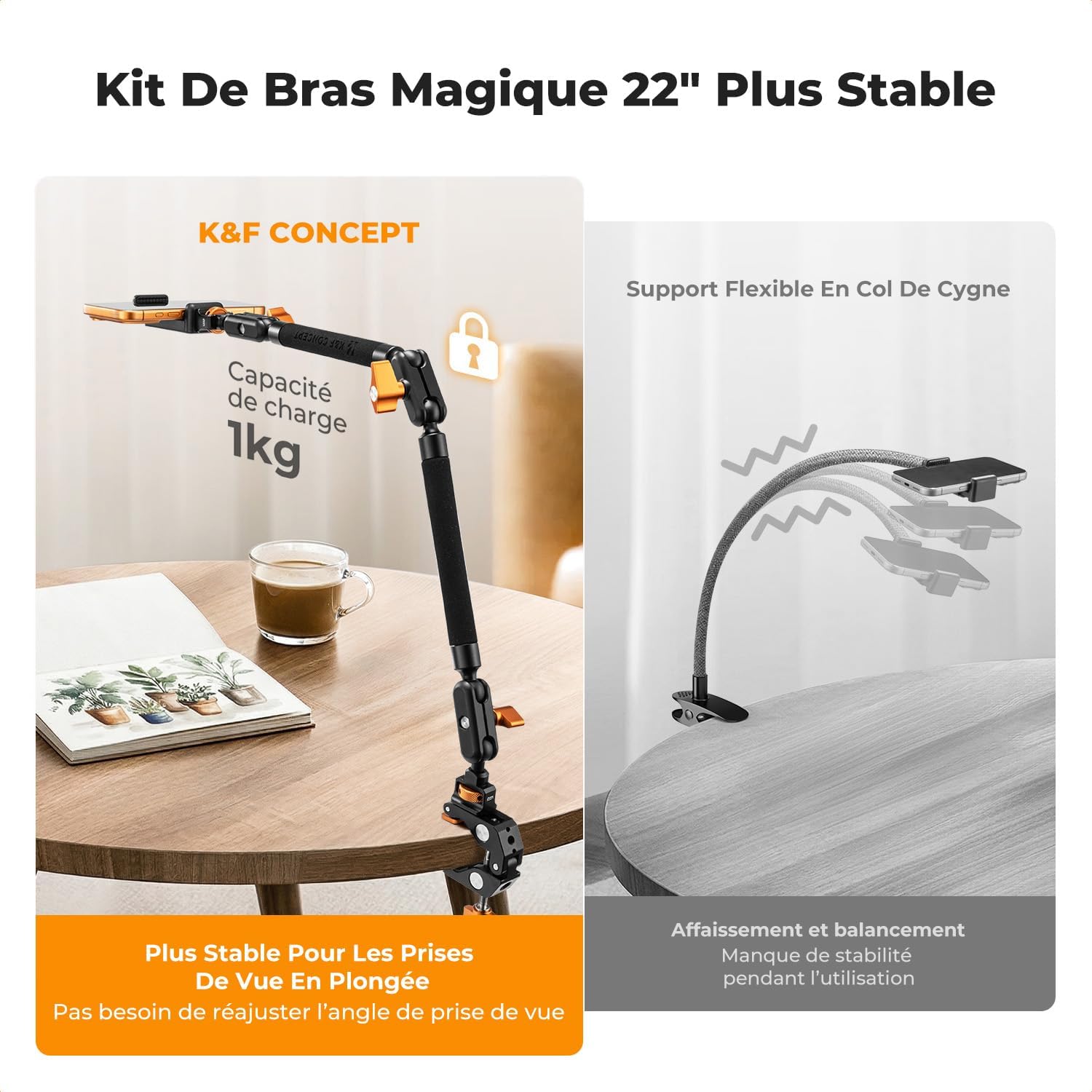 Detalle de K&F CONCEPT Kit Bras Magique 22" avec Pince — bras articulé polyvalent pour téléphone, caméra d'action, LED et micro
