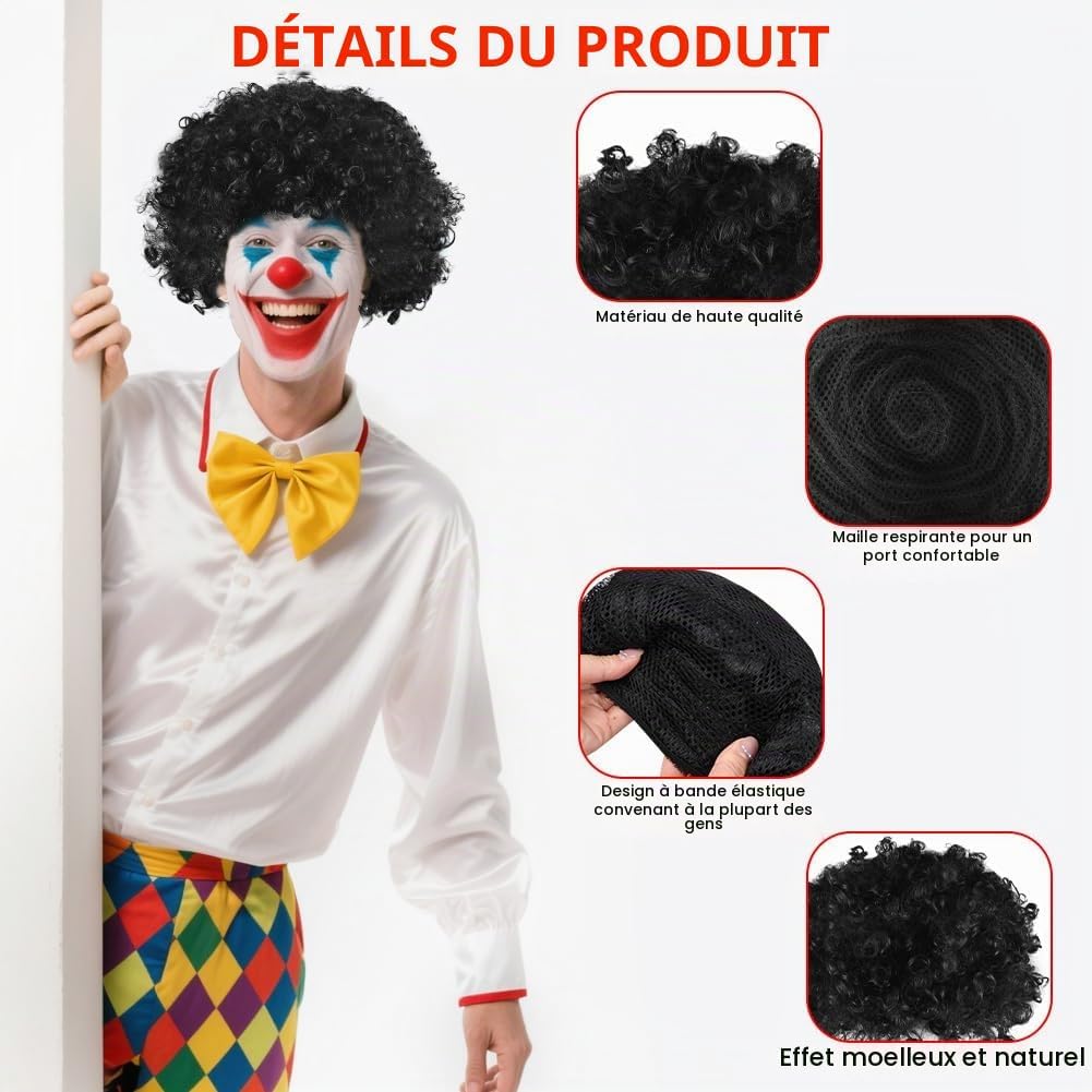 Detalle de BSBUY 5189669 zwarte krulpruik voor clown en carnaval, hittebestendige vezel