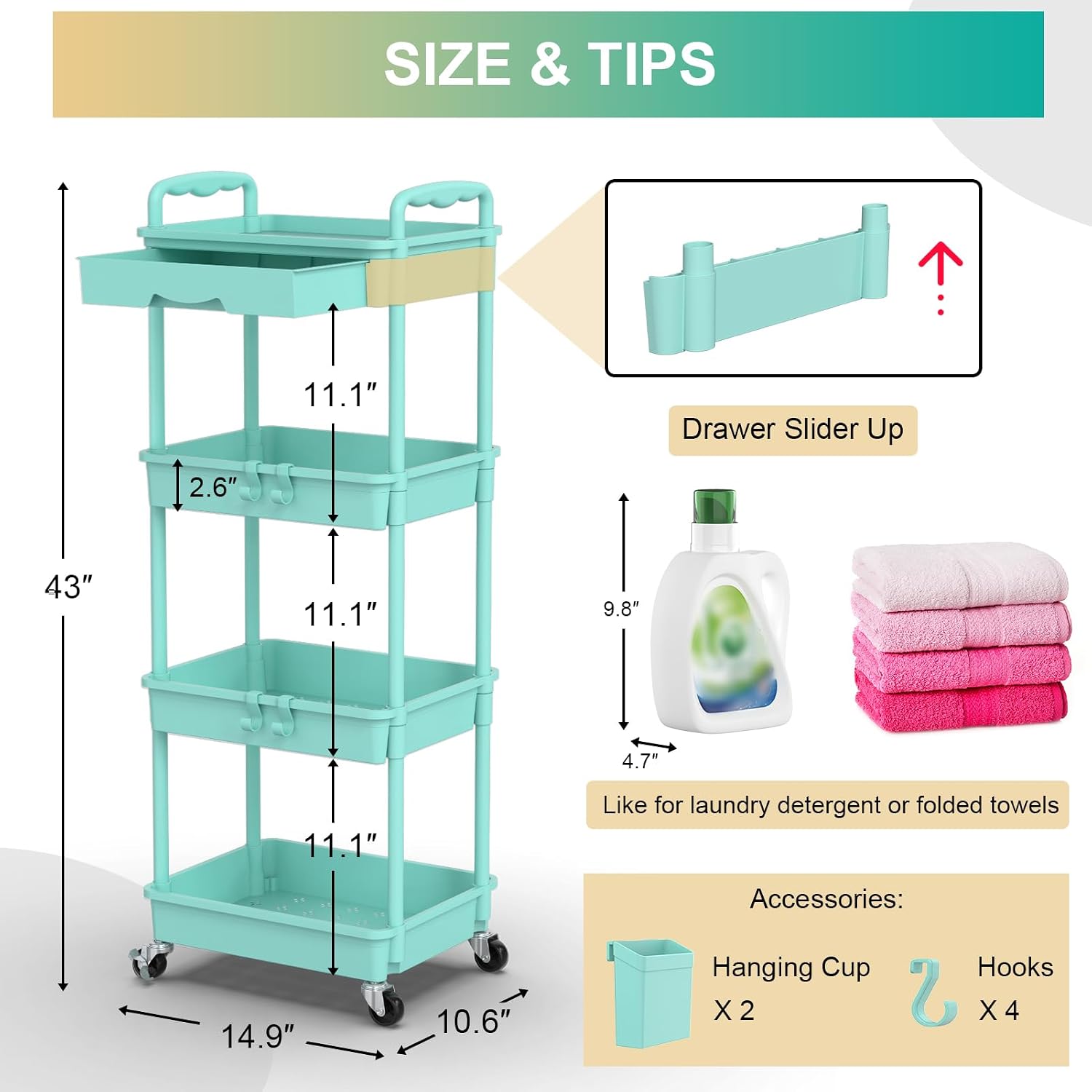 Thumbnail 3 de Goovilla GV-UC04BL 4-Tier Rolling Utility Cart with Removable Drawer, Blue