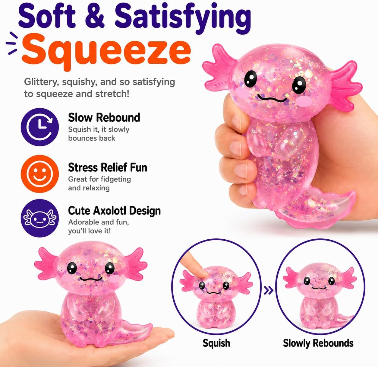 Detalle de Axolotl Squishy Stress Relief Toy — Glittery Fidget Squishies for Kids and Adults