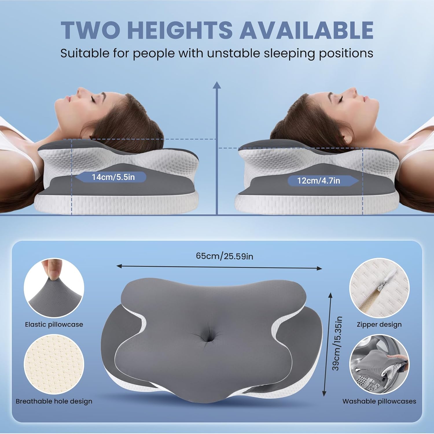 Thumbnail 1 de A-Pce Oreiller Ergonomique Cervical – Oreiller mémoire à double hauteur (12/14 cm) avec housse amovible