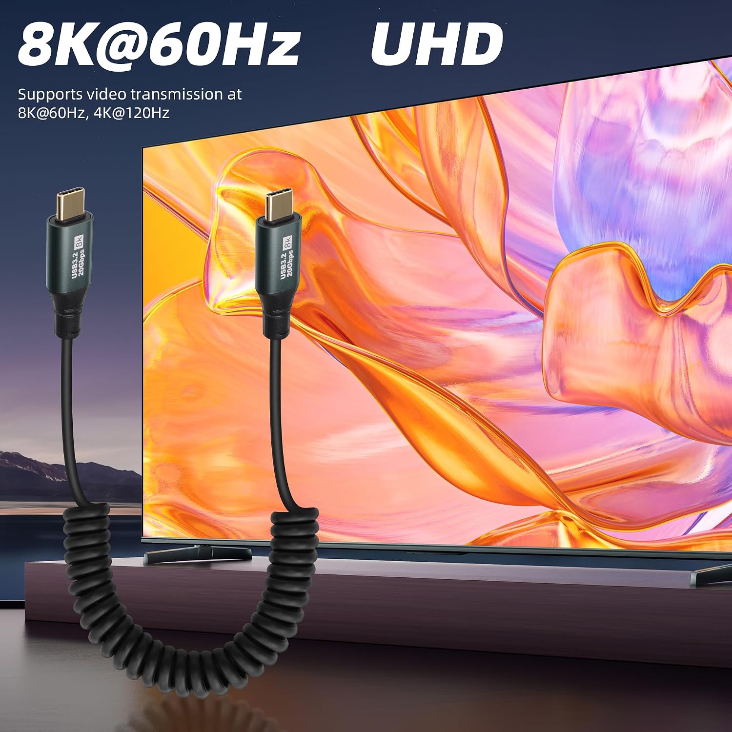 Detalle de RIIEYOCA Coiled USB C to USB C Extension Cable – 100W PD, 20Gbps, 1.5m, 8K60, for Cars, Bicycles and Office