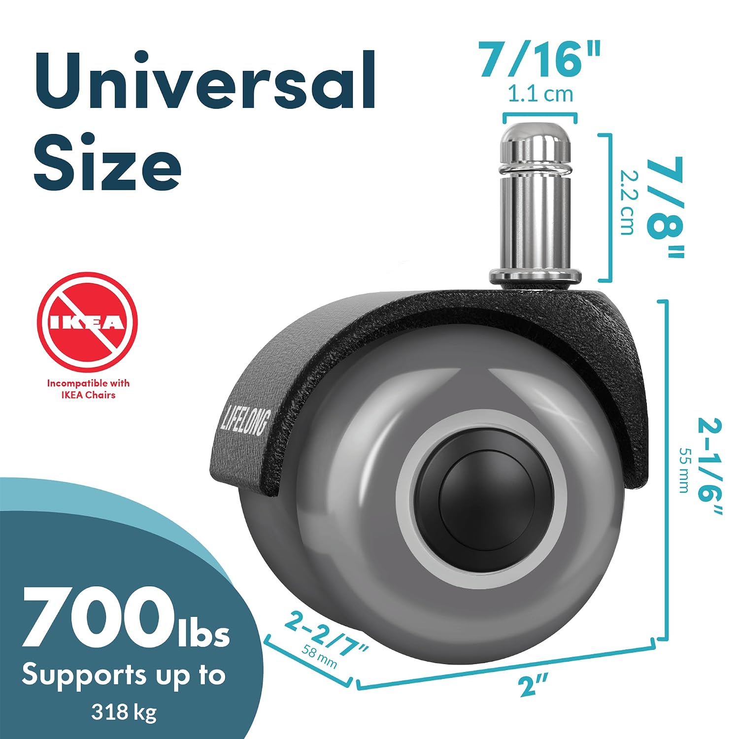 Thumbnail 3 de Lifelong 2-Inch Office Chair Wheels, 5-Pack Polyurethane Swivel Casters