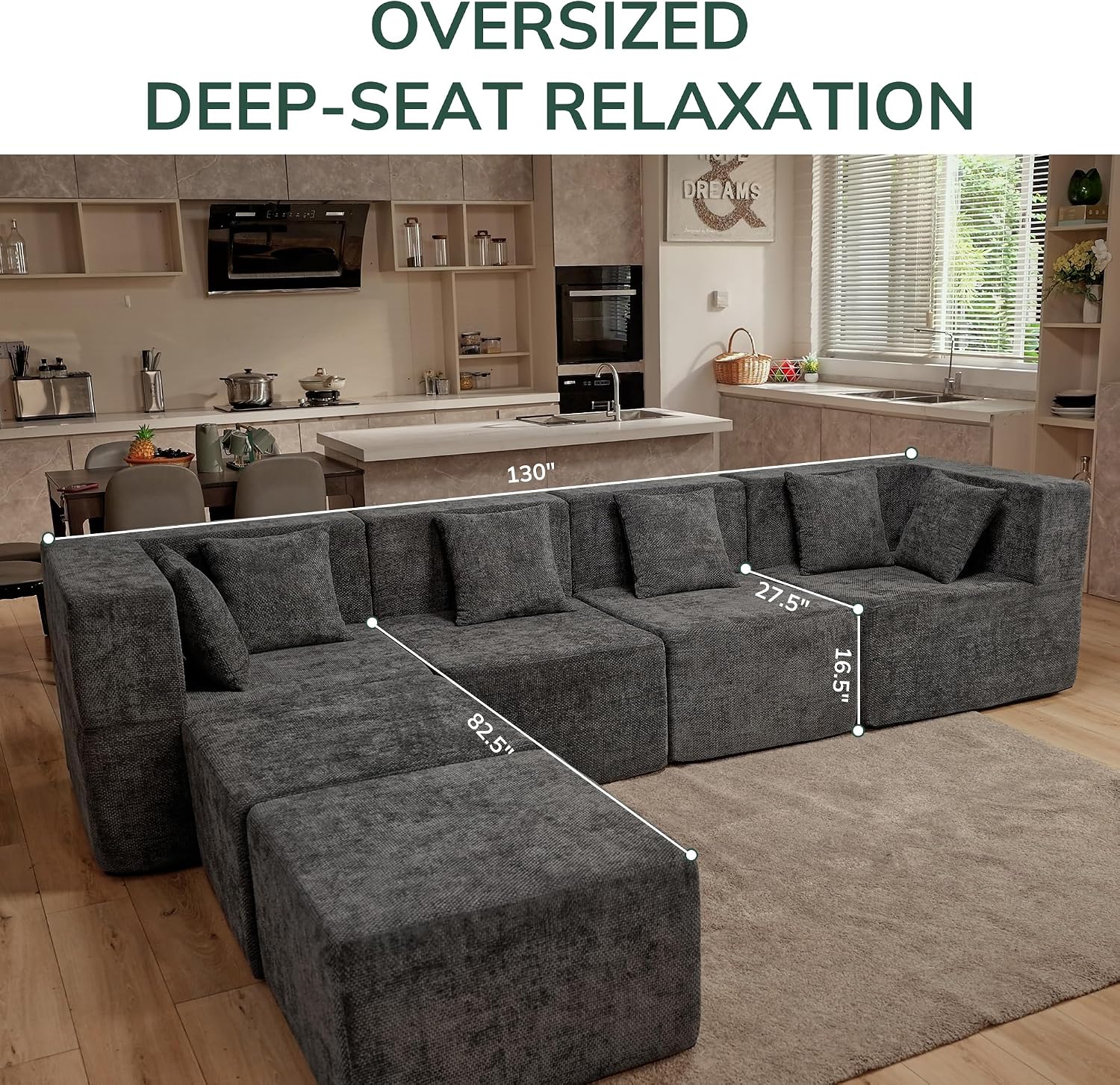 Detalle de MONVANE SF03-GR Modular Sectional Sofa, 130-Inch Chenille, Memory Foam