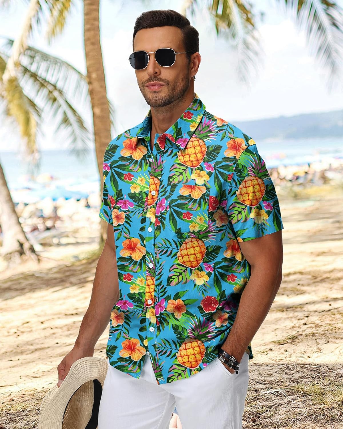 Detalle de HMIYA Hawaii Hemd für Herren – 100% Baumwolle, Kurzarm, Button-Down, Vordertasche