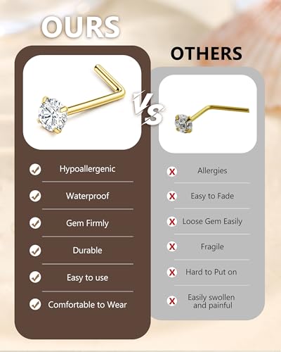 Thumbnail 6 de CASSIECA 20G Gold Nose Ring & Stud Kit – Hypoallergenic 316L Surgical Steel with CZ Diamonds