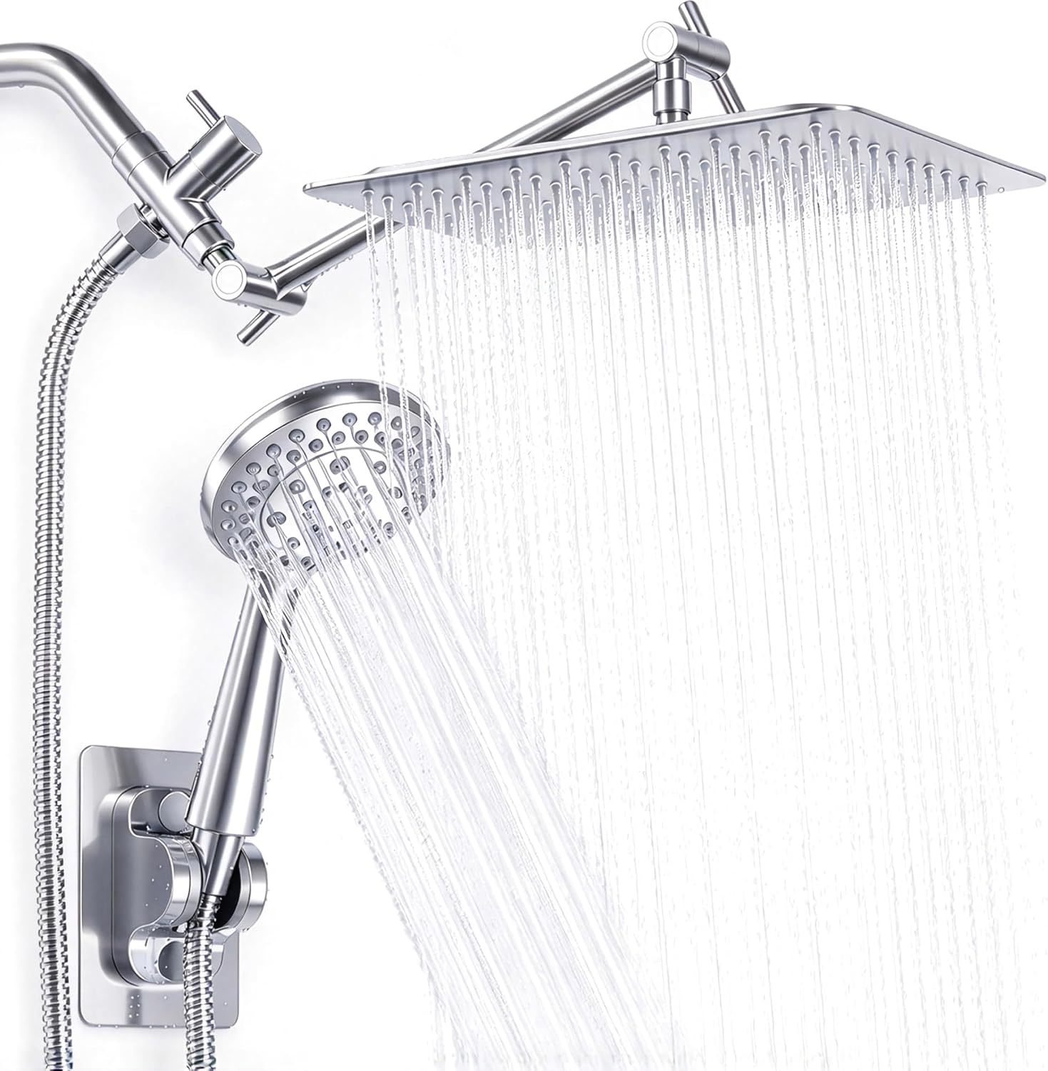 Detalle de NERDON Shower Head Dual Showerhead, 8-Inch Square Rainfall, 5-Mode Handheld, Chrome