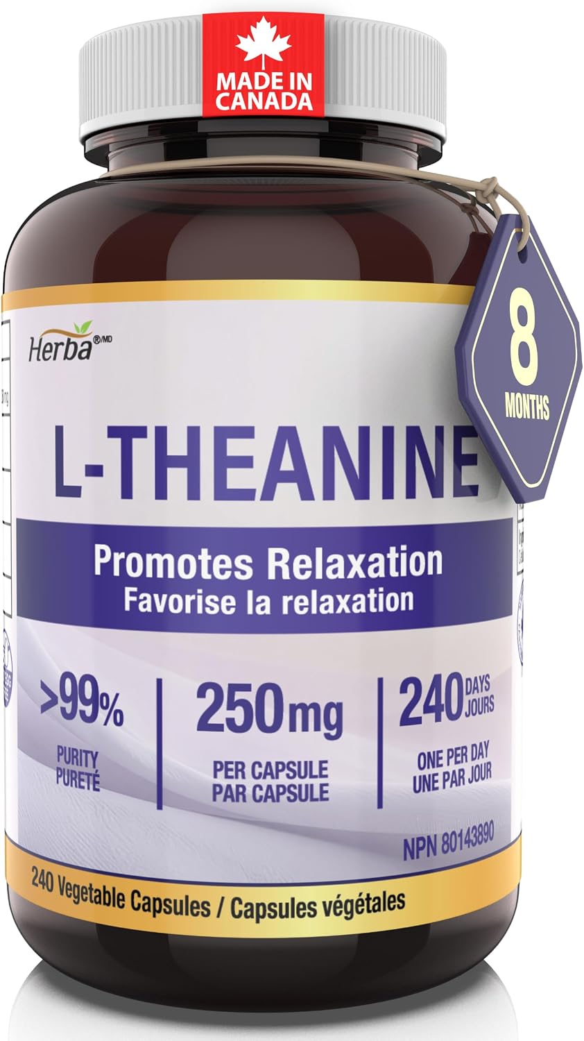 Detalle de Herba l theanine supplement, 250 mg capsules, 240 count, >99% pure