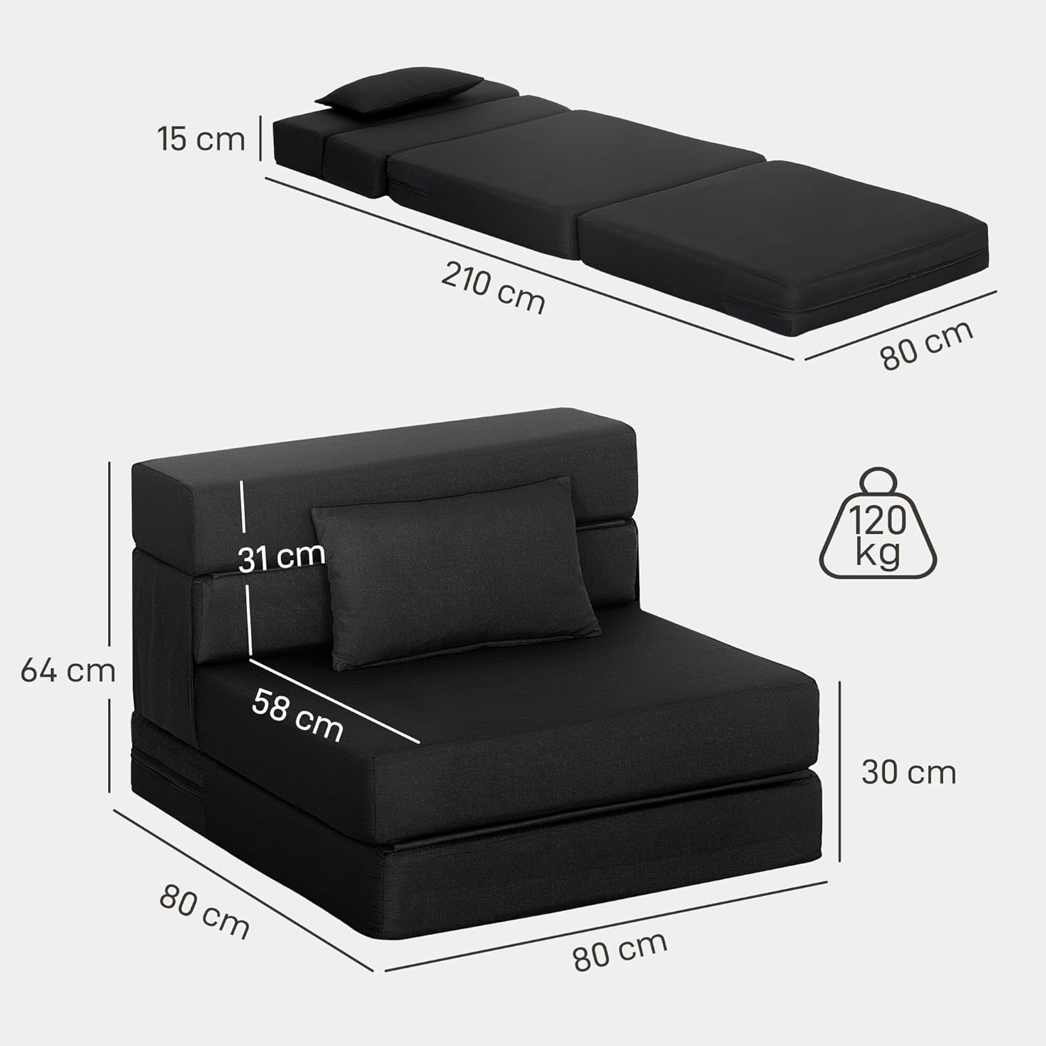Thumbnail 2 de HOMCOM Fauteuil Convertible 1 Place 3 en 1 – Lit pliant et canapé de sol en lin noir