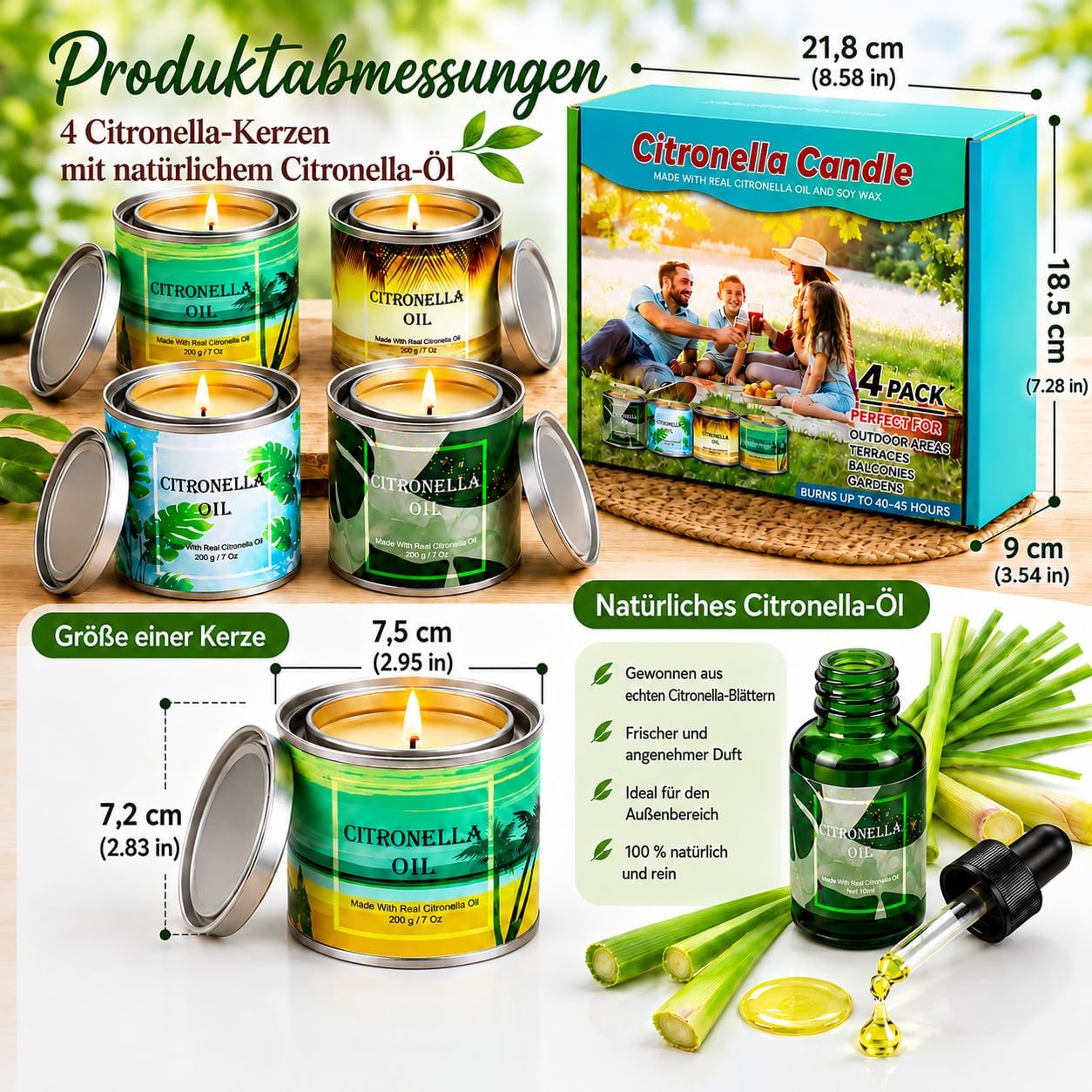 Detalle de CREASHINE Citronella Kerzen Outdoor 4er Set – 800 g Sojawachs, Zitronengras-Duft